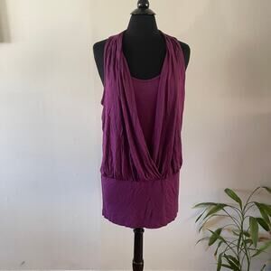 NWT HM Drape Front Layered Tank Top Purple Cowl Neck Ruched Hip Tunic Women L